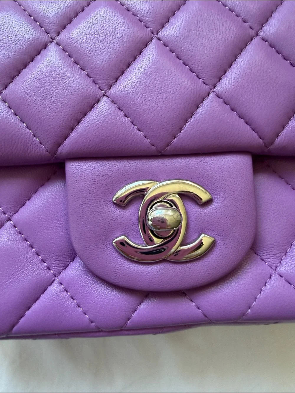 CHANEL Mini Quilted Lambskin Shoulder Bag in Lilac Purple with Silver Hardware